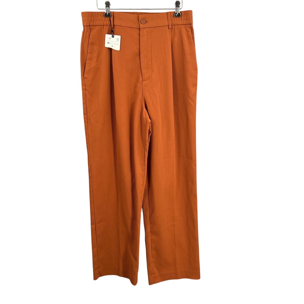 Zara Womens Orange Pants Vertical Ribbed Trousers Size Straight Leg Medium New